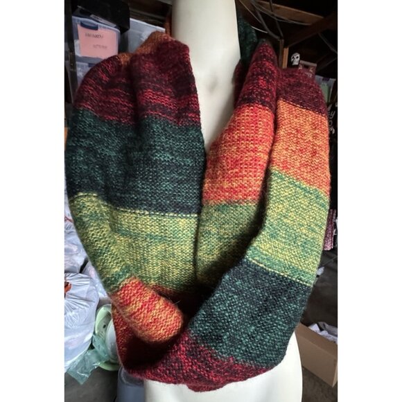 Pashmina Infinity Knit Scarf Silk Multicolor Strip Red Green Yellow Orange - Picture 2 of 9